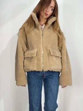 Lamarque Plush Faux Shearling Zip Jacket in Tan